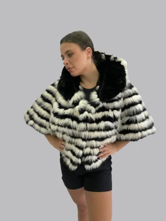 Real Fur black & ecru Fox with Rex Rabbit Cape poncho with Hood, warm garment