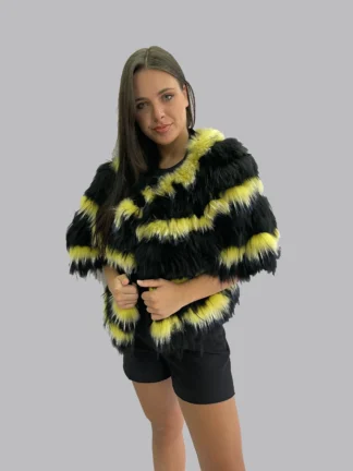 Real Fur yellow & black Finn raccoon with Rex Rabbit Cape poncho, warm garment