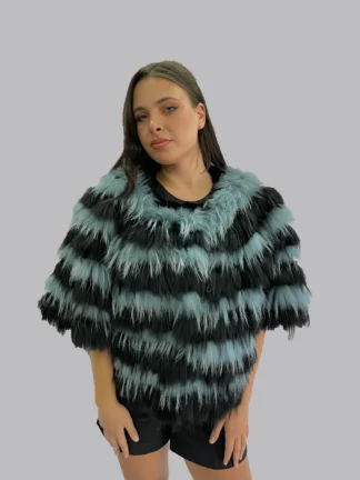 Real Fur black & cyan Finn raccoon with Rex Rabbit Cape poncho, warm garment
