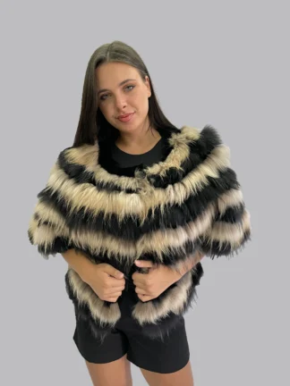 Real Fur black & beige Finn raccoon with Rex Rabbit Cape poncho, warm garment