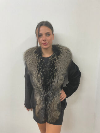 Fur mink jacket  cut wite pattern, black brown color with full skin  fox, natural fur, womans winter coat