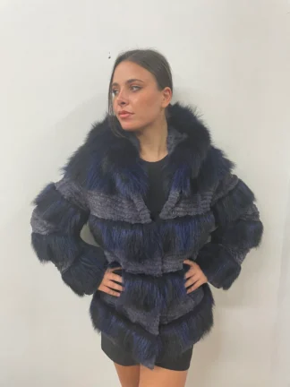 Fur  racoonn and stripes rabbit jacket, blue color , natural fur, womans winter coat