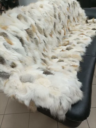 Real Fox and rex rabbit fur blanket throw, gold and  white color, Home warmer