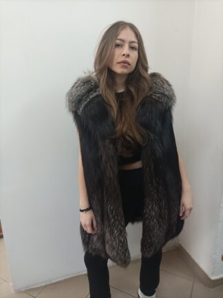 Real Fox Fur Vest: Brown & Silver, XL