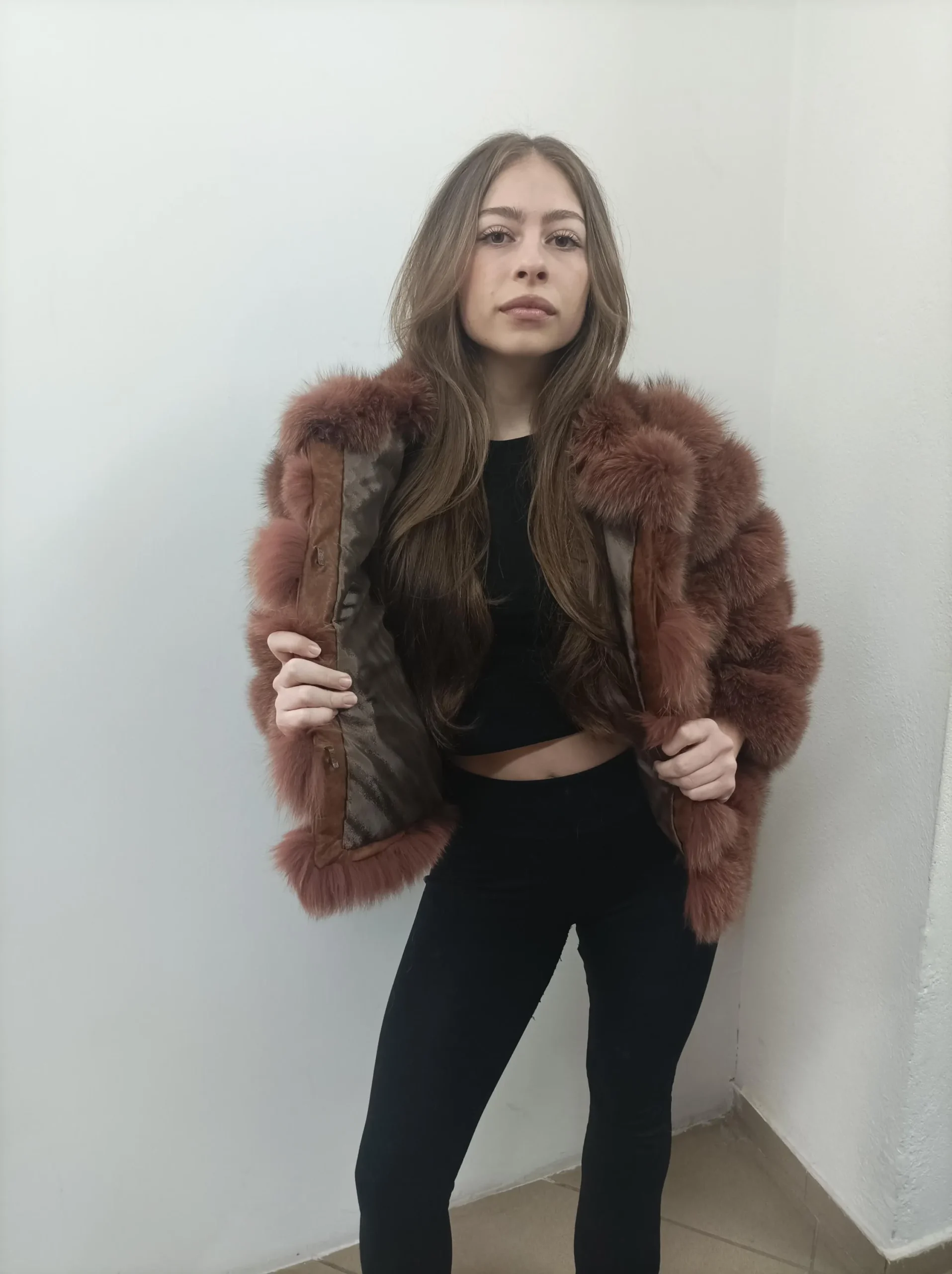 Fur fox jacket , full skin pelt with natural fur fox and leather, womans winter coat - Image 5
