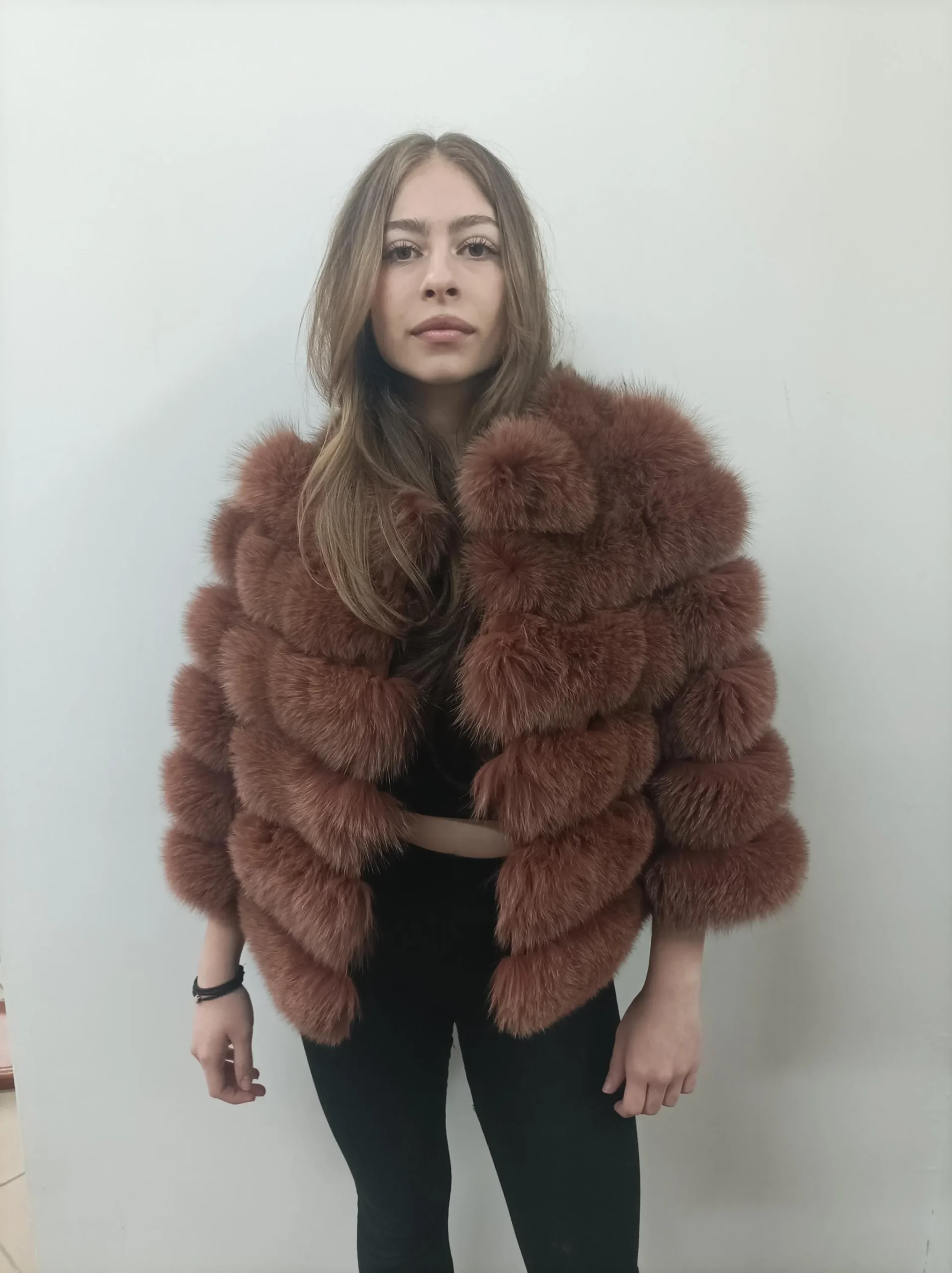 Fur fox jacket , full skin pelt with natural fur fox and leather, womans winter coat