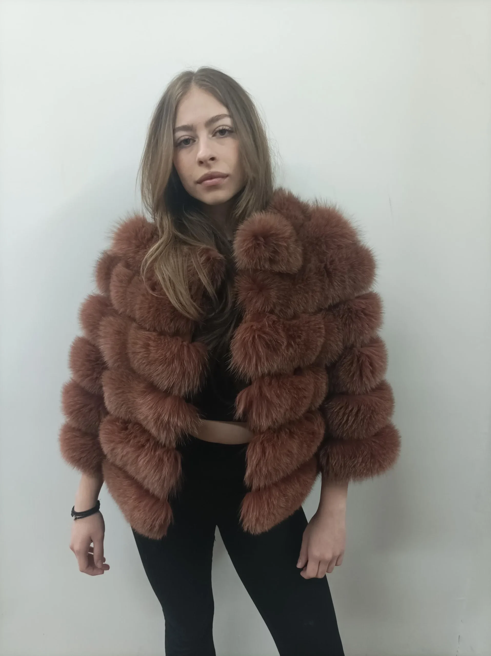 Fur fox jacket , full skin pelt with natural fur fox and leather, womans winter coat - Image 2
