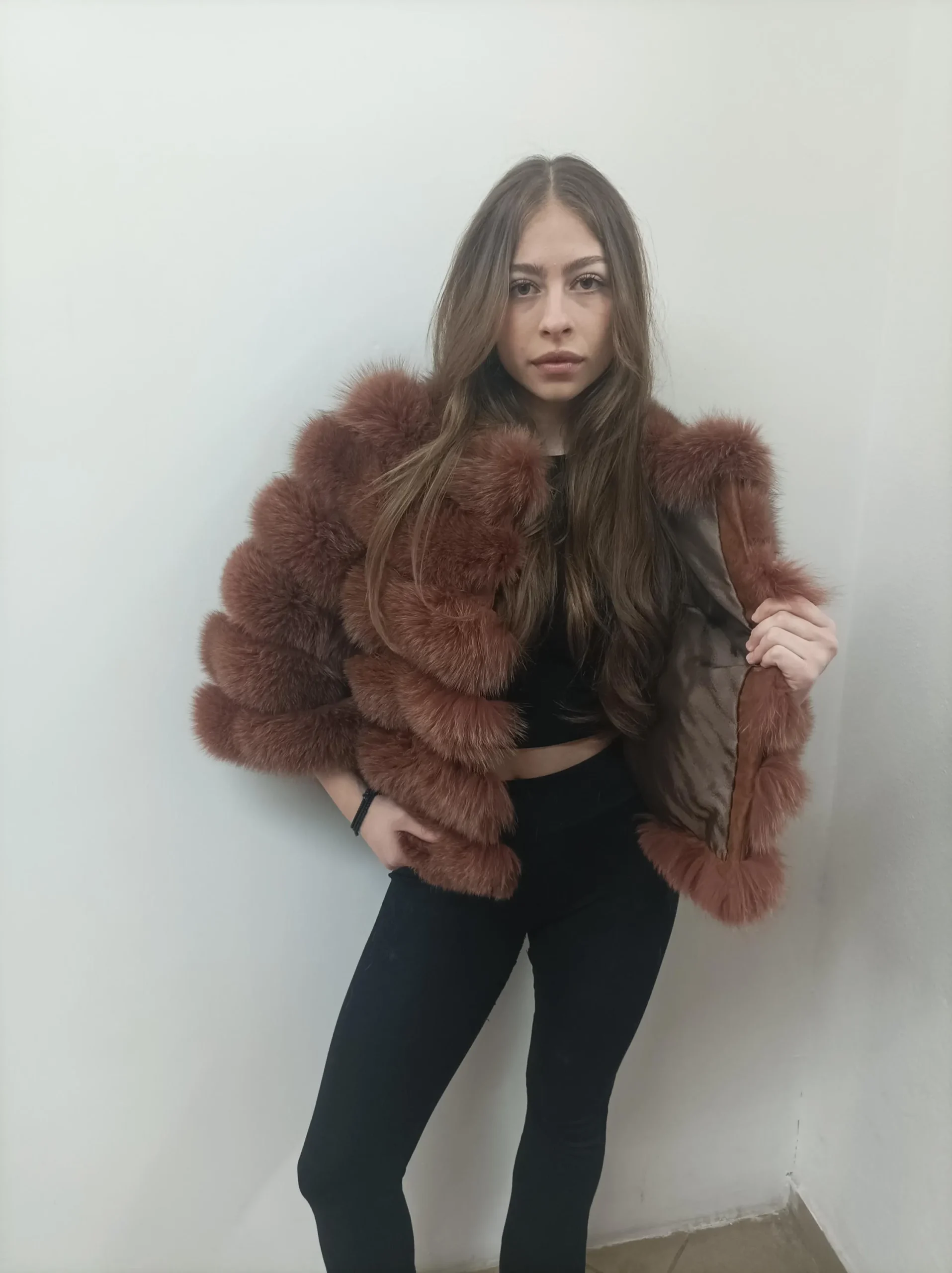Fur fox jacket , full skin pelt with natural fur fox and leather, womans winter coat - Image 3