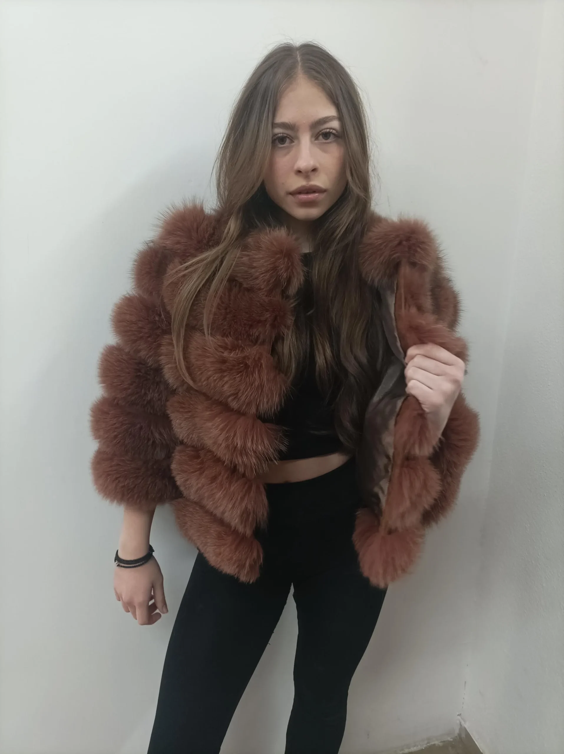 Fur fox jacket , full skin pelt with natural fur fox and leather, womans winter coat - Image 4
