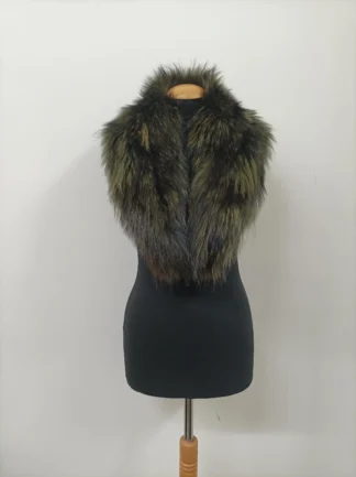 Real Raccoon Fur Collar: Green Fin Fur, Hook & Loop Closure